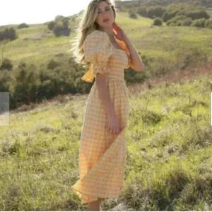 Anthropology Rahi Plaid Yellow/orange Prairie Puff Sleeve Ruffle Tie Back Size S